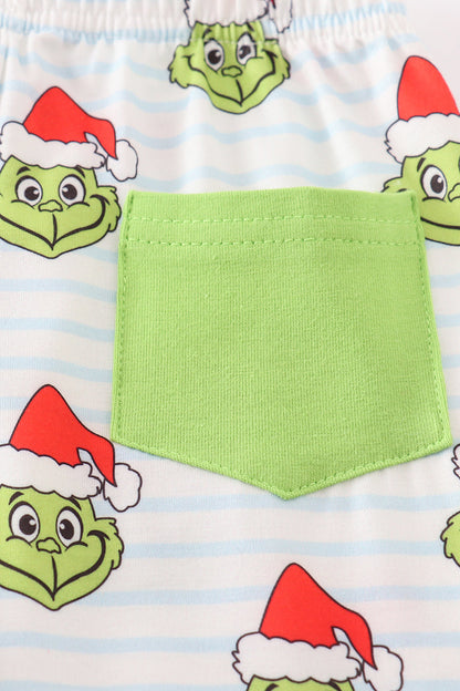 Green striped grinch print boy pajamas