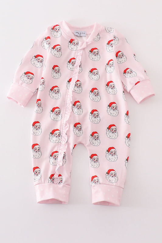 Pink santa print Zipper girl romper