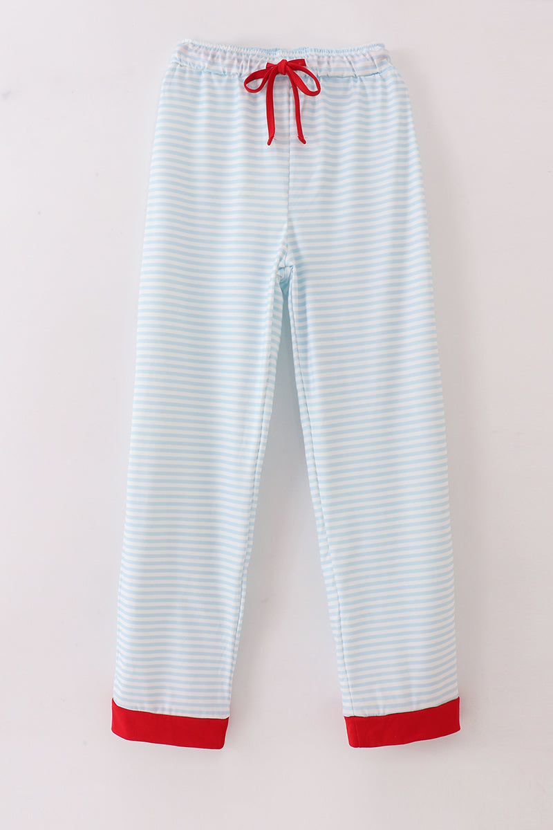 Blue stripe christmas santa claus embroidery men pajamas pants - Cloudling Kids Clothing