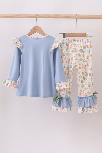 Blue nutcracker embroidery ruffle pants set