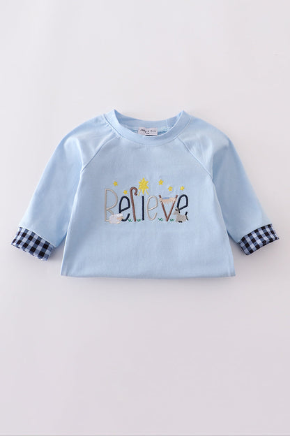 Blue believe embroidery romper