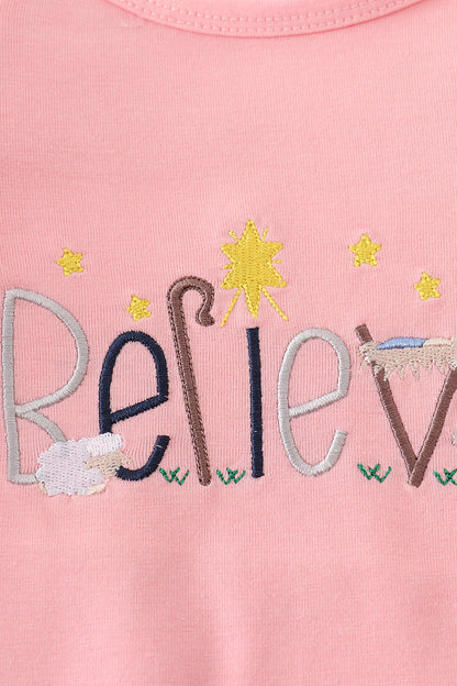 Pink believe embroidery ruffle top