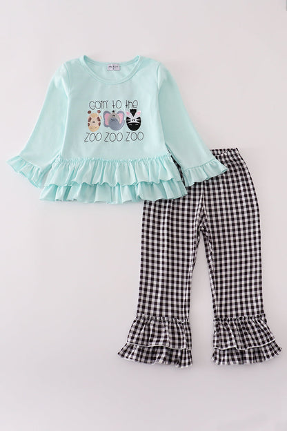 Blue GOIN TO THE ZOO embroidery ruffle pants set