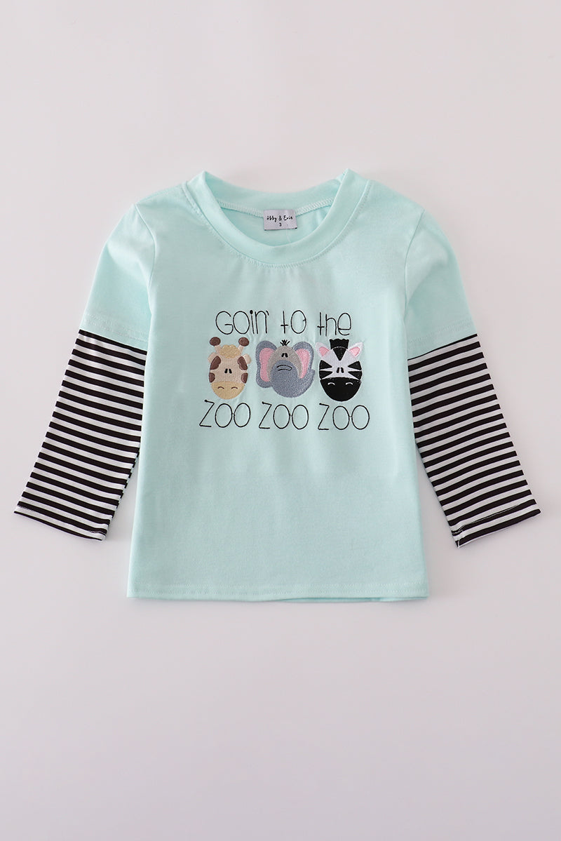 Blue GOIN TO THE ZOO embroidery top - Cloudling Kids Clothing