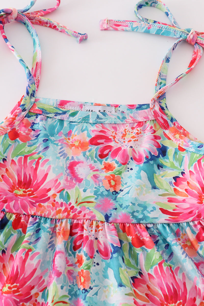 Vibrant Tropical Bloom print Mom & Me dresses for summer family photos.
