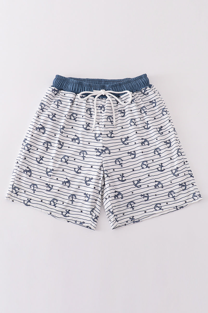 Blue stripe anchor print dad swim trunks - Cloudling Kids Clothing