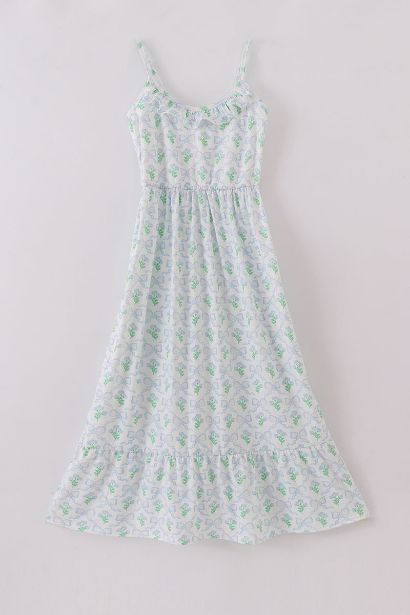 Green leaves bow print mom&me dress - Cloudling Kids Clothing