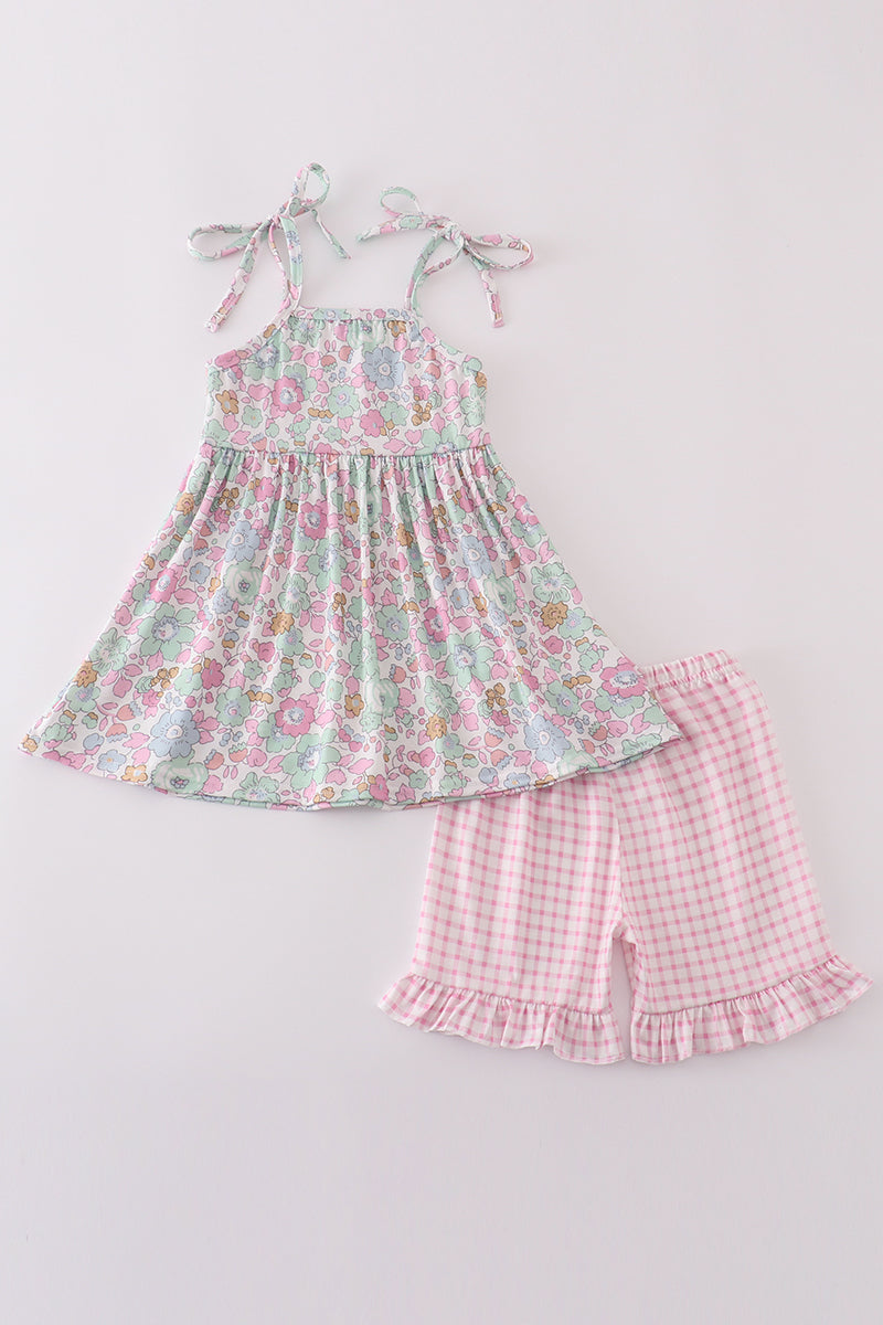 Mint pink floral print set - Cloudling Kids Clothing