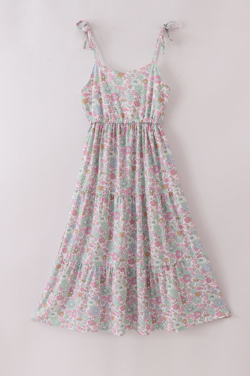 Mint pink floral print mom&me tiered dress - Cloudling Kids Clothing
