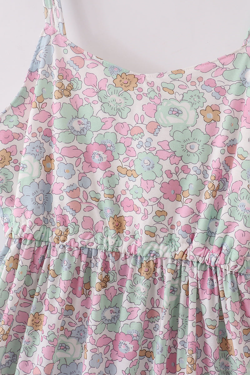 Mint pink floral print mom&me tiered dress - Cloudling Kids Clothing