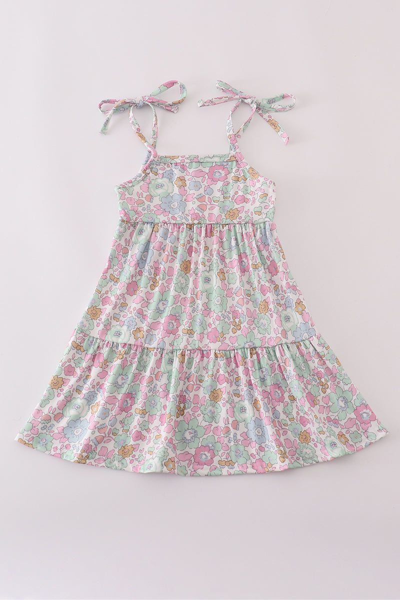 Mint pink floral print mom&me tiered dress - Cloudling Kids Clothing