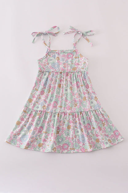 Mint pink floral print mom&me tiered dress - Cloudling Kids Clothing