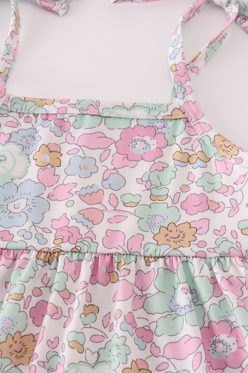 Mint pink floral print mom&me tiered dress - Cloudling Kids Clothing