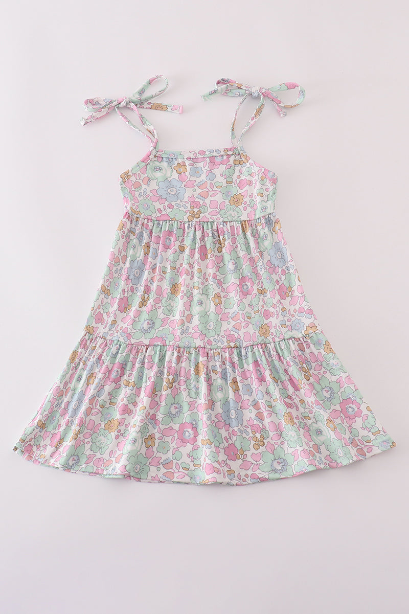 Mint pink floral print mom&me tiered dress - Cloudling Kids Clothing