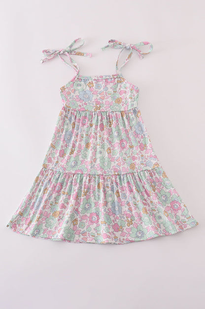 Mint pink floral print mom&me tiered dress - Cloudling Kids Clothing