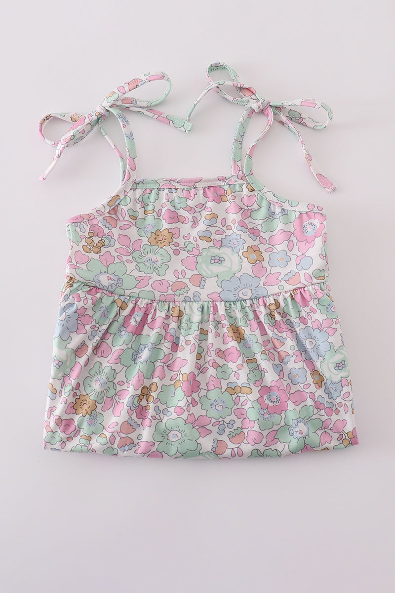 Mint pink floral print mom&me tiered dress - Cloudling Kids Clothing