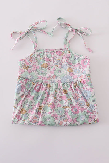 Mint pink floral print mom&me tiered dress - Cloudling Kids Clothing