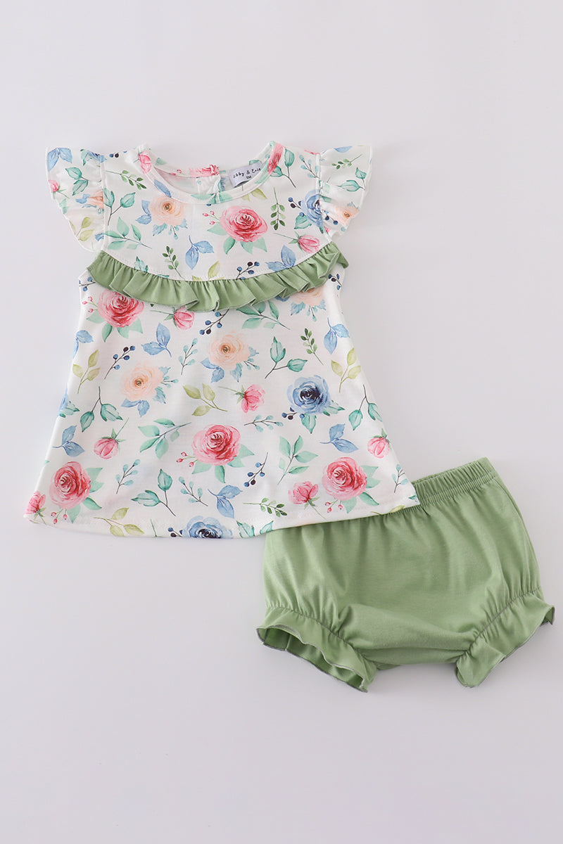 Green garden rose bloomer set - Cloudling Kids Clothing