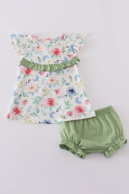 Green garden rose bloomer set - Cloudling Kids Clothing