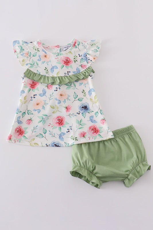 Green garden rose bloomer set - Cloudling Kids Clothing