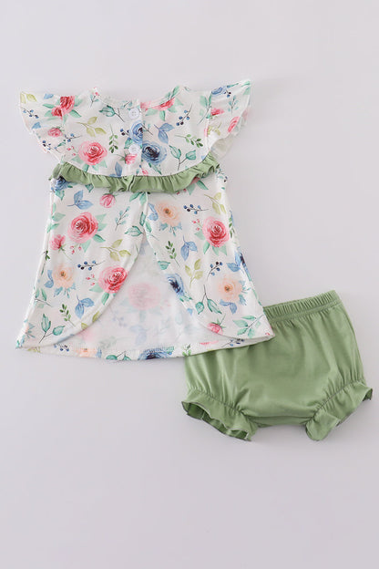 Green garden rose bloomer set - Cloudling Kids Clothing
