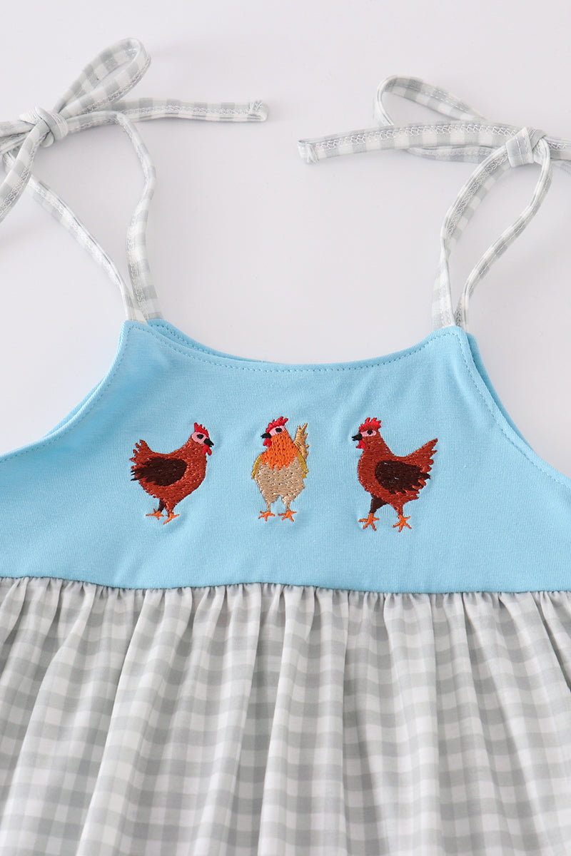 Blue farm chicken embroidery short set - Cloudling Kids Clothing