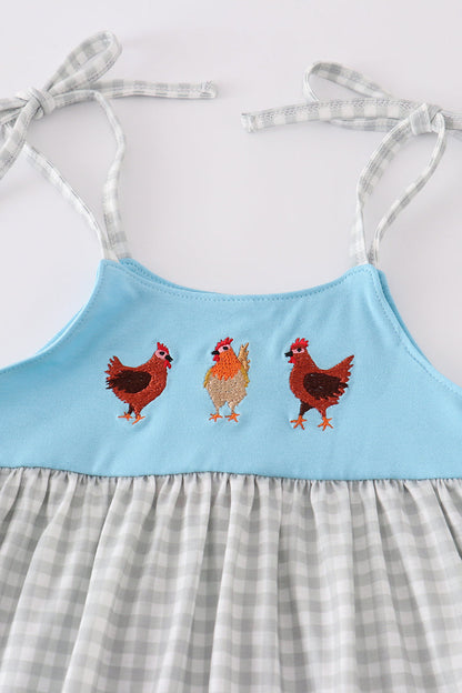Blue farm chicken embroidery short set - Cloudling Kids Clothing