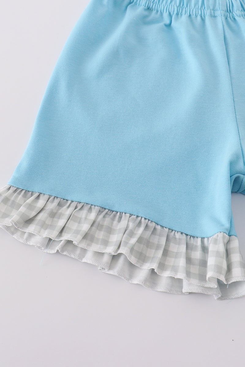 Blue farm chicken embroidery short set - Cloudling Kids Clothing