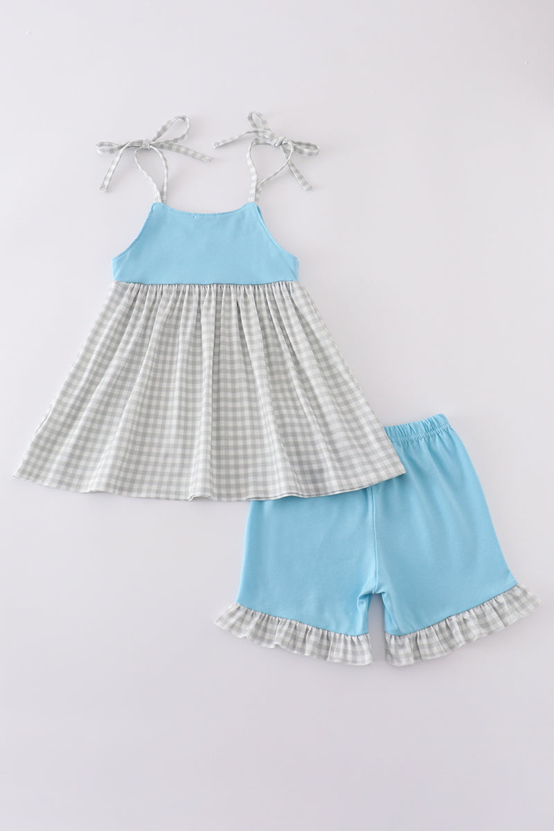 Blue farm chicken embroidery short set - Cloudling Kids Clothing