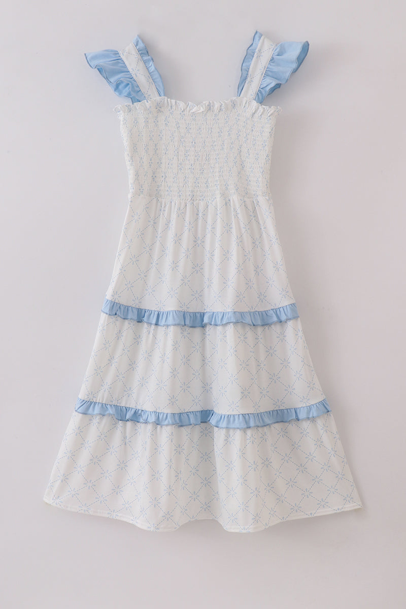 Blue classic lattice charm smocked mom tiered dress - Cloudling Kids Clothing
