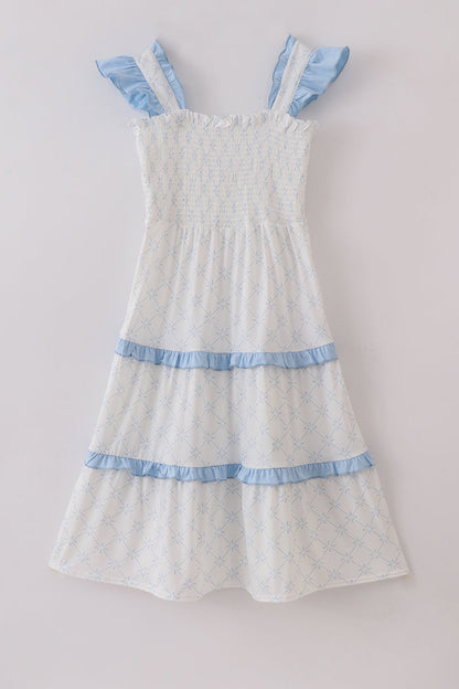 Blue classic lattice charm smocked mom tiered dress - Cloudling Kids Clothing