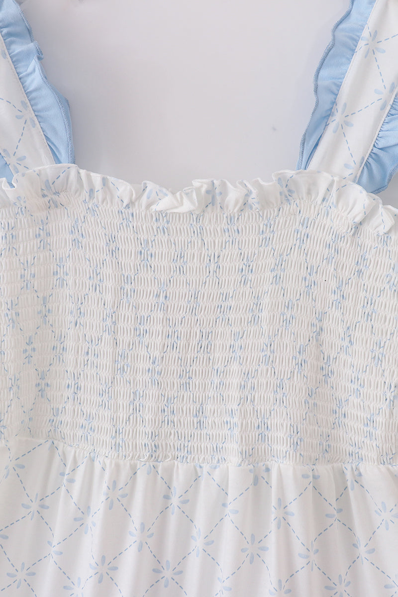 Blue classic lattice charm smocked mom tiered dress - Cloudling Kids Clothing