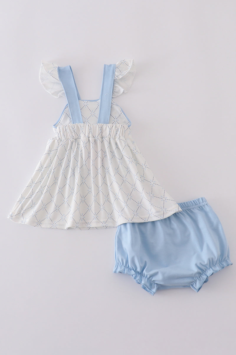 Blue bow classic lattice charm bloomer set - Cloudling Kids Clothing