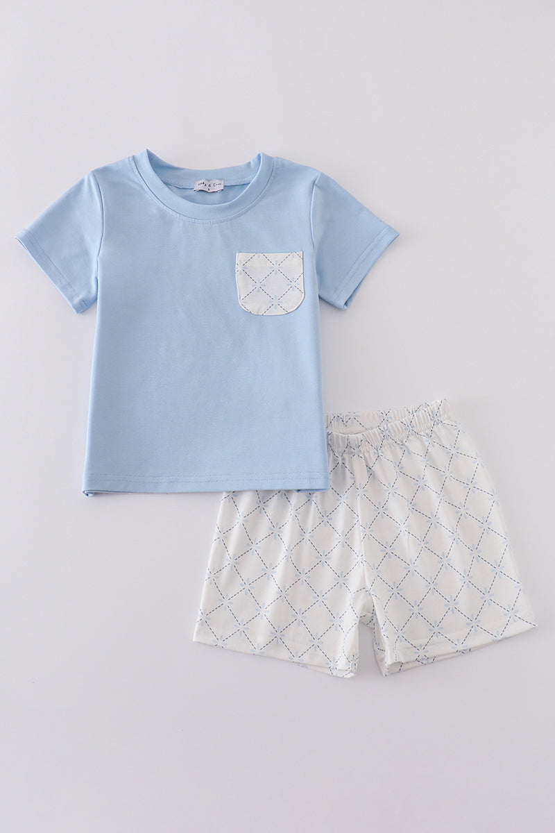 Blue classic lattice charm shorts set - Cloudling Kids Clothing