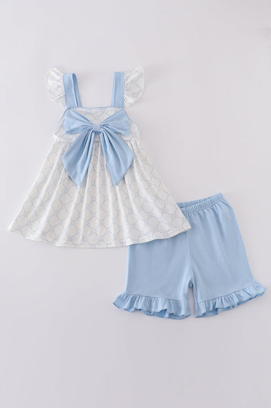 Blue bow classic lattice charm  set - Cloudling Kids Clothing