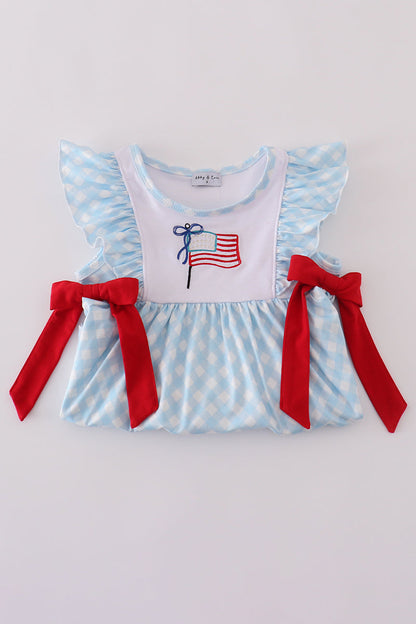 Blue flag embroidery bow gingham ruffle shorts set