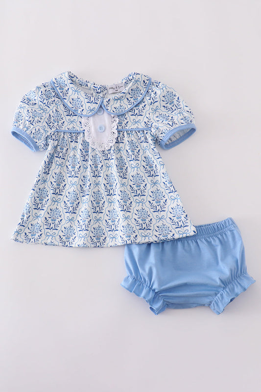 Blue toile garden bow bloomer set