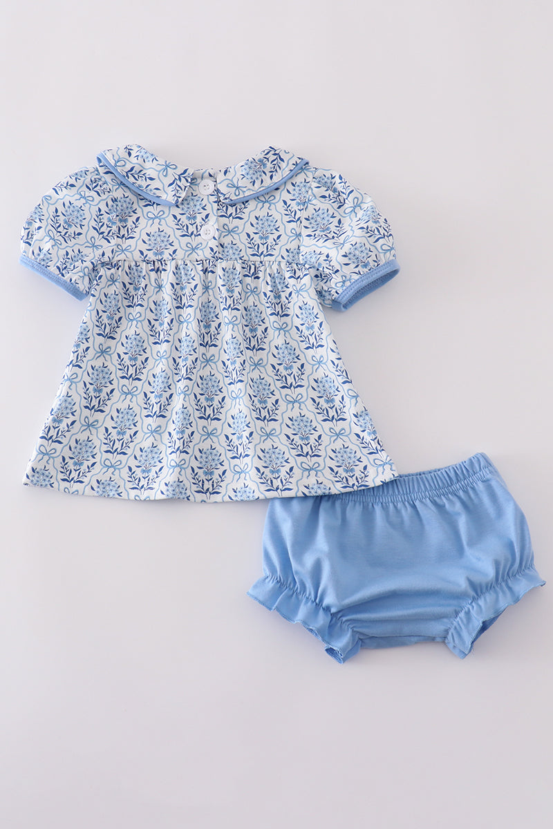Blue toile garden bow bloomer set