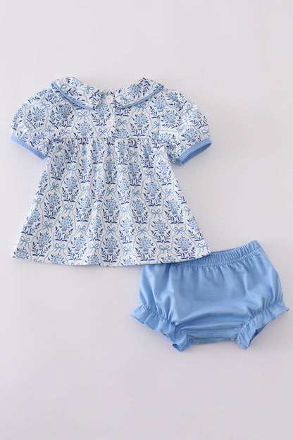 Blue toile garden bow bloomer set