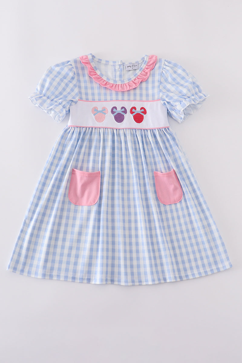 Blue character embroidery gingham ruffle dress - Cloudling Kids Clothing