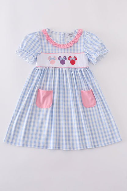 Blue character embroidery gingham ruffle dress - Cloudling Kids Clothing