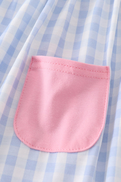 Blue character embroidery gingham ruffle dress - Cloudling Kids Clothing