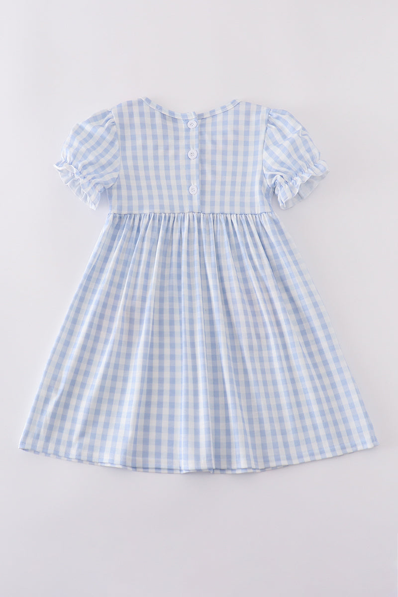Blue character embroidery gingham ruffle dress - Cloudling Kids Clothing