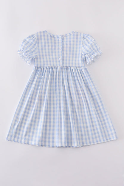 Blue character embroidery gingham ruffle dress - Cloudling Kids Clothing
