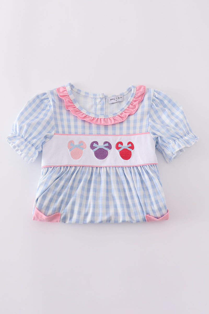 Blue character embroidery gingham ruffle dress - Cloudling Kids Clothing