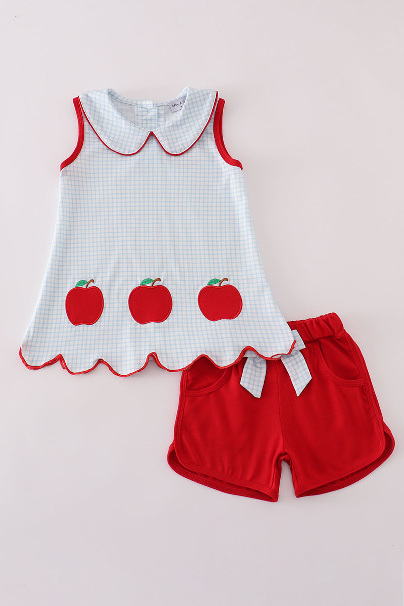 Girls white top with red apple appliqué and matching bow shorts set.