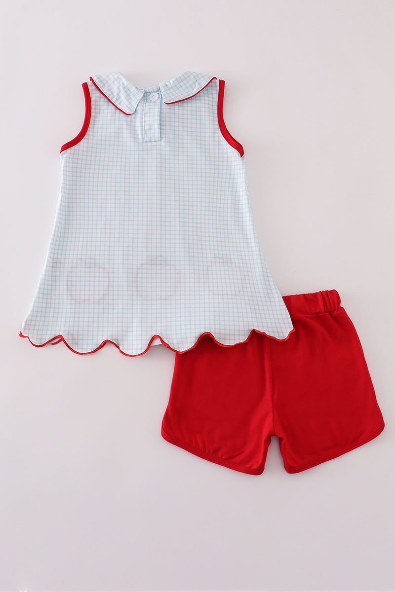 Cloudling Kids girls apple appliqué bow shorts set for toddlers.
