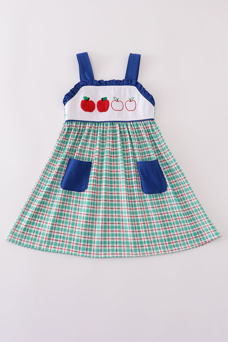 Blue plaid dress with French knot apple embroidery – Cloudling Kids Clothing