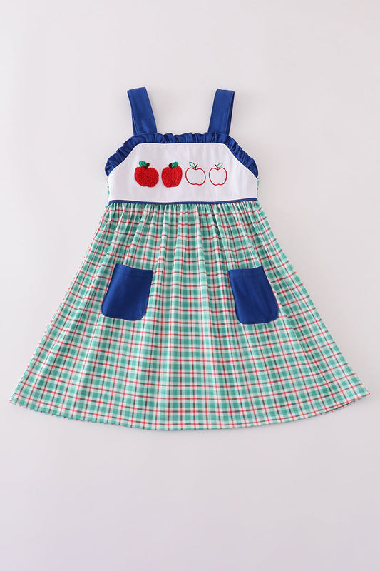 Blue plaid dress with French knot apple embroidery – Cloudling Kids Clothing