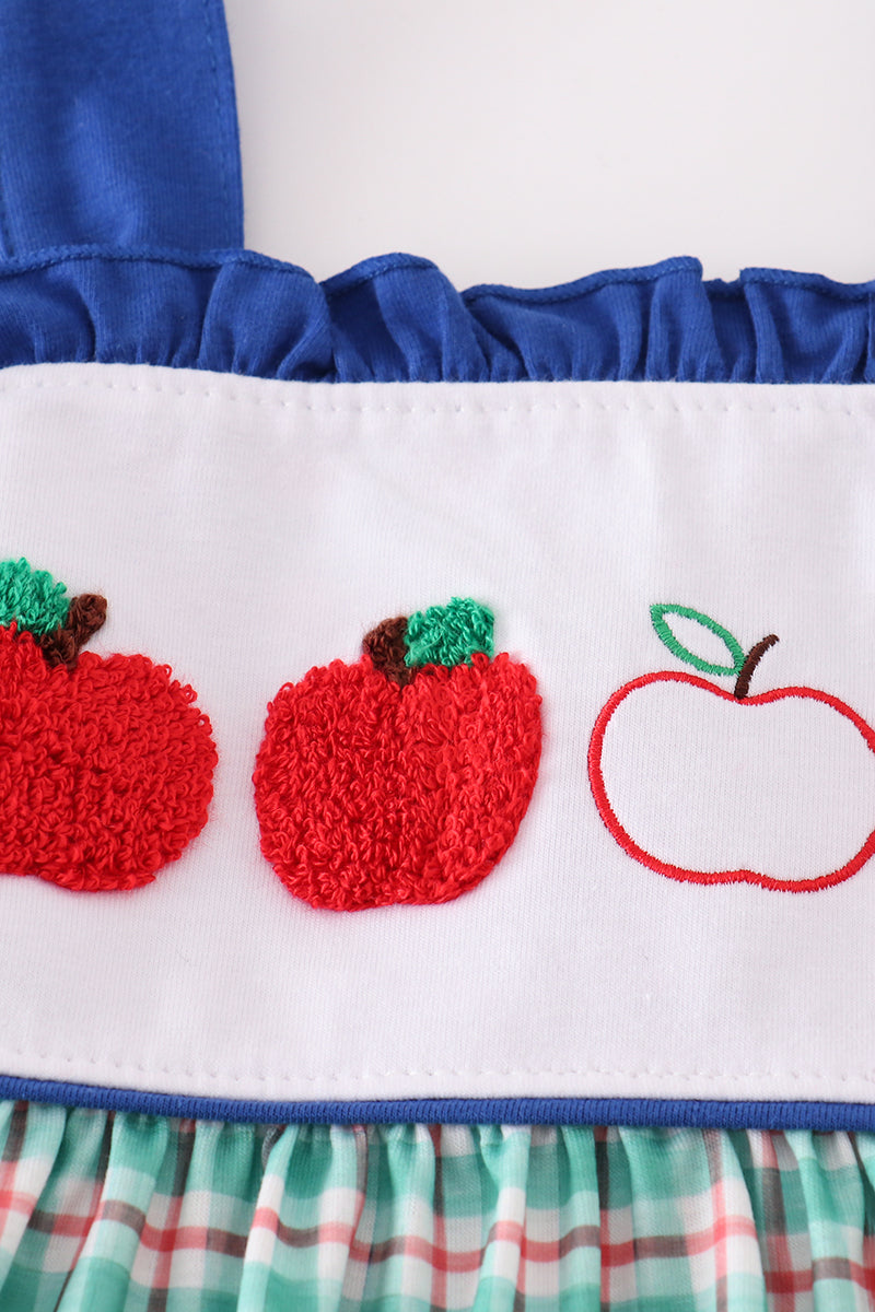 Close-up of French knot apple on blue plaid dress – Cloudling Kids Clothing